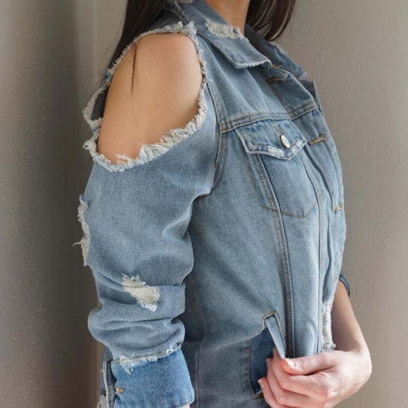 Open shoulder distressed denim jacket-worn once - Picture 2 of 6